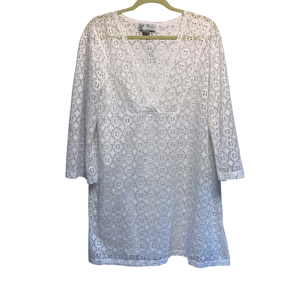 J. Valdi Swim Cover Up XL White Crochet Lace V-Neck 3/4 Sleeve Summer Vacation